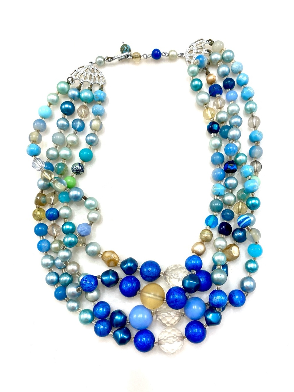 Vintage Signed Japan Multi-Strand Blue & Aqua Beaded Statement Necklace